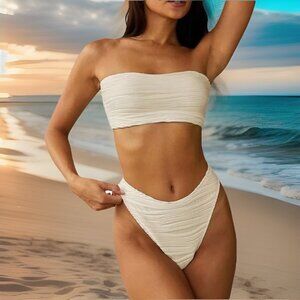 Zaful Womens 2 Piece Swimsuit M Cream Strapless Bandeau Cheeky Tie Back Textured